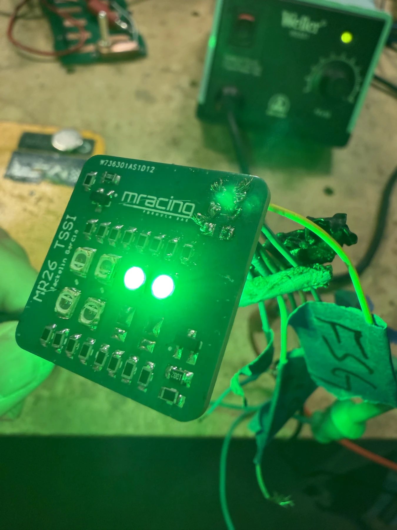 Green LEDs illuminated during bench testing.